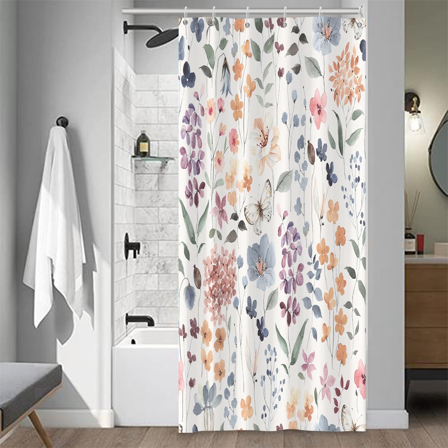 Watercolor Floral Shower Curtain Blue Colorful Flower Farmhouse Plant Bath Curtain for Modern Minimalist Bathroom Bathtub Decorative Polyester Fabric Accessories with Hooks, 72x72 Inch