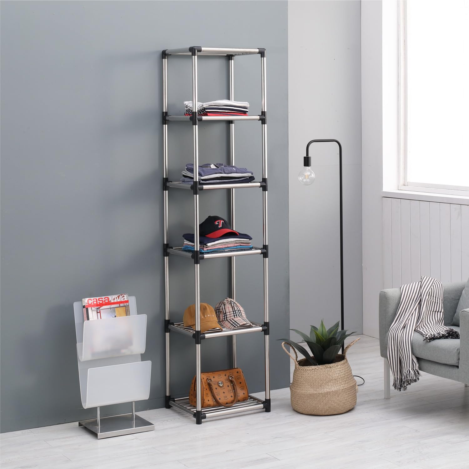 Letusto Système de rangement de placard autoportant en acier inoxydable de qualité supérieure – Assemblage facile, durable et polyvalent – Porte-vêtements portable robuste réglable (5 niveaux)
