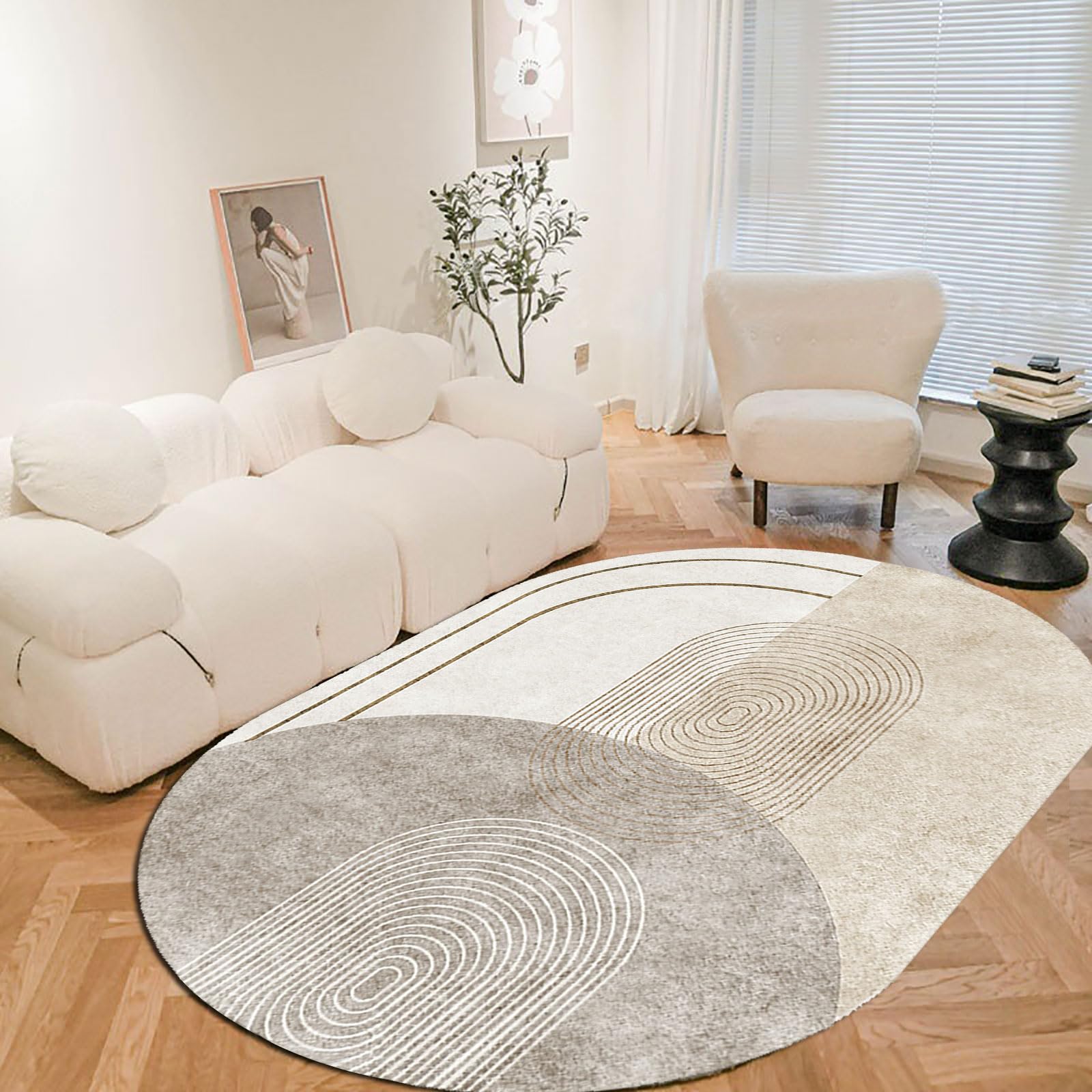 GUGJHFVH Oval Rugs - Living Room & Bedroom Traditional & Modern Geometric Stripes - Grey & Yellow Stitching