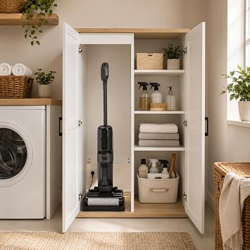 55" Tall Wooden Broom Closet, Storage Cabinet for Vacuum Cleaner & Mops, Utility Cabinet w/4 Shelves&Charging Opening, Freestanding Organizer for Laundry,Garage,Home,Office, 30.9 inch