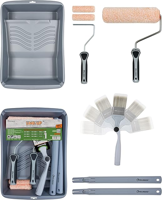 ROLLINGDOG Paint Roller Set with Extension Pole - 9 pc Paint Roller and Tray Set - Paint Brush,Paint Tray,Microfiber Roller Cover, Roller Frame for Walls and Ceilings Decorating and Painting