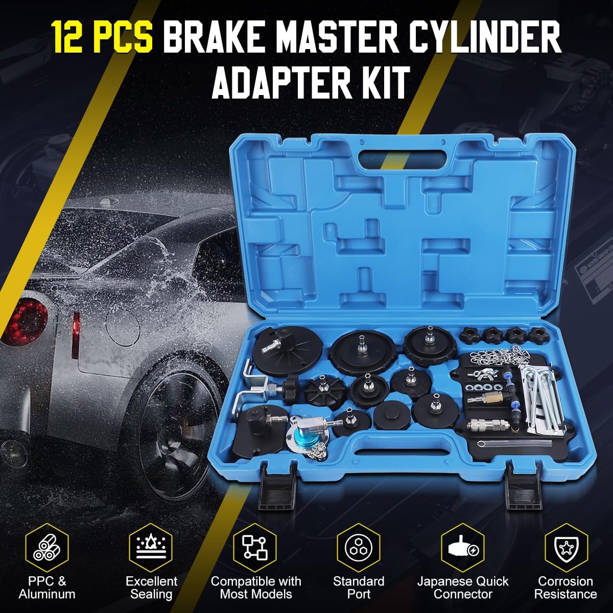 Brake Bleeder Adapter Set, 12 PCS Brake Master Cylinder Bleeder Kit with Japanese Connector Master Cylinder Adapter Pressure Brake Bleeder Kit Compatible with Chrysler, with Ford, with KIA, etc