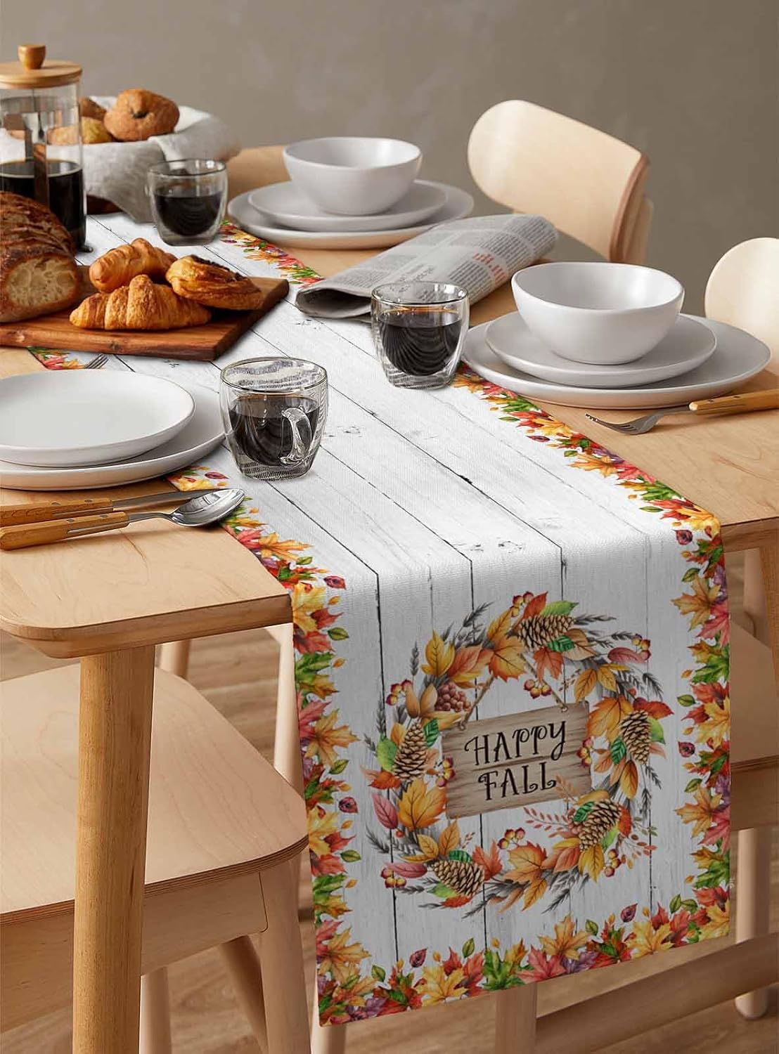 Happy Fall Table Runner 108 Inches Long for Dresser Dining Room Maple Leaves Kitchen Dining Table Runners Rustic Wood Grain Table Decorations for Home Party Indoor Outdoor 13 x 108 Inch
