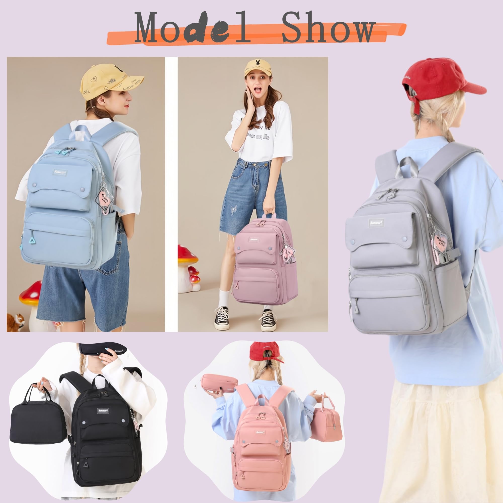 Lot de 3 sacs à dos et sac à déjeuner pour filles de couleur unie, 3 pièces - violet, 29L