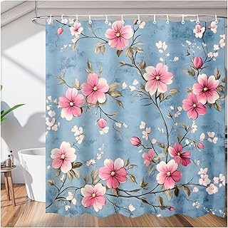 Pink Blossom Canvas Shower Curtain 72x72 Inch, Waterproof Polyester Bath...