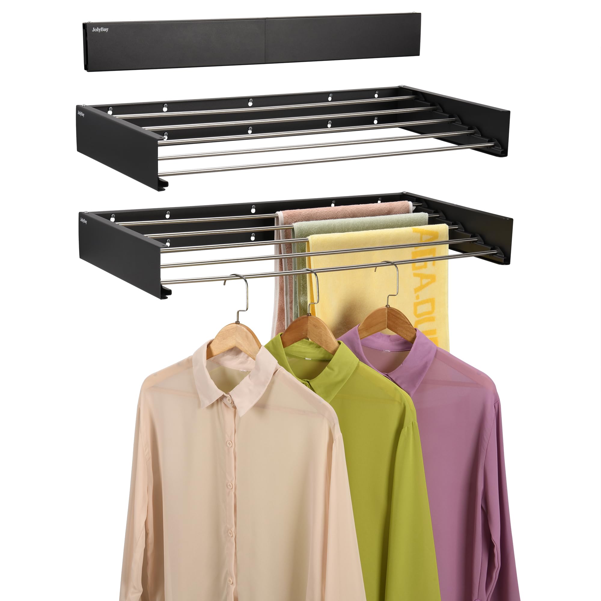 JolyBay Wall Mounted Laundry Drying Rack, Retractable Clothes Drying Rack for Bathroom with Wall Template, 5 Stainless Rods Heaving 60 lb Capacity (