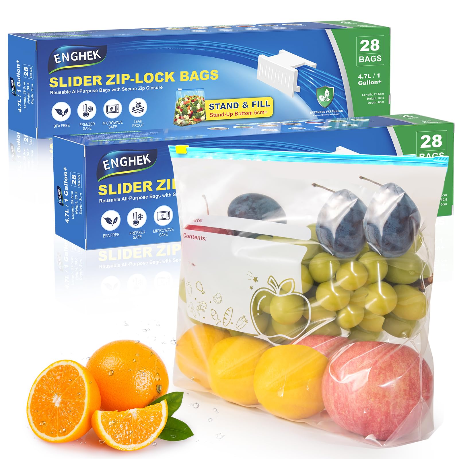 Enghek Clear 56Pc Zip Lock Bags, Reusable Freezer Bags, Over One-Gallon/4.55L, Food Storage Slider Sandwich Bag With Expandable Bottom, Bpa-Free Food Bags Zip Seal For Fruits, Vegetables, Meat, Grains