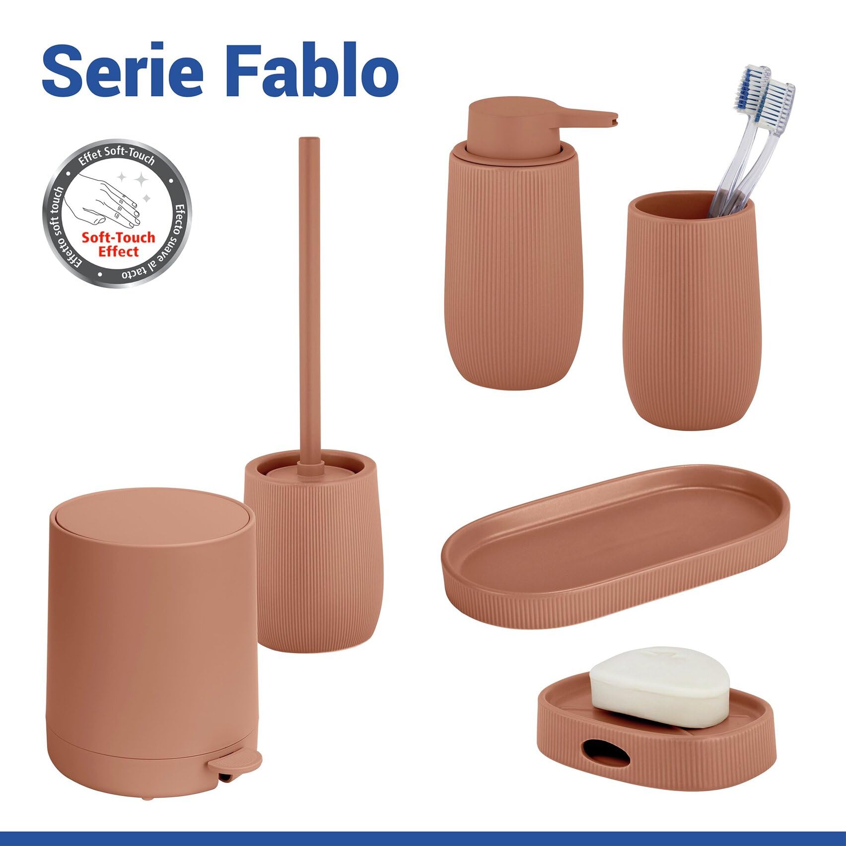 WENKO Kosmetik Treteimer Mod. Fablo aus Kunststoff, Soft-Touch-Beschichtung, Bad-Mülleimer 5 L, Abfalleimer mit Easy-Close Absenkautomatik und Einsatzbehälter, für Bad, Küche oder Büro, braun matt