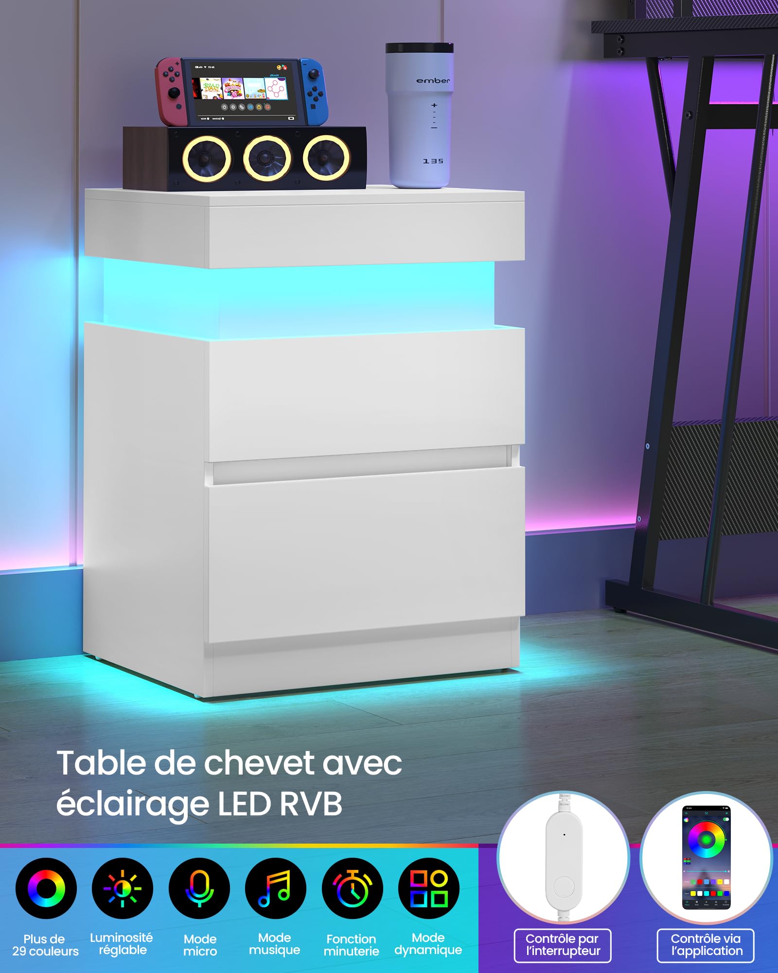 VASAGLE Kailyn Collection - Table de Chevet, Lot de 2, avec Multiprise, Couvercle Coulissant, 2 Tiroirs, Bande LED, Petite Table d’Appoint, Style Moderne, 35 x 40 x 55 cm, Blanc Neige LET840WB01