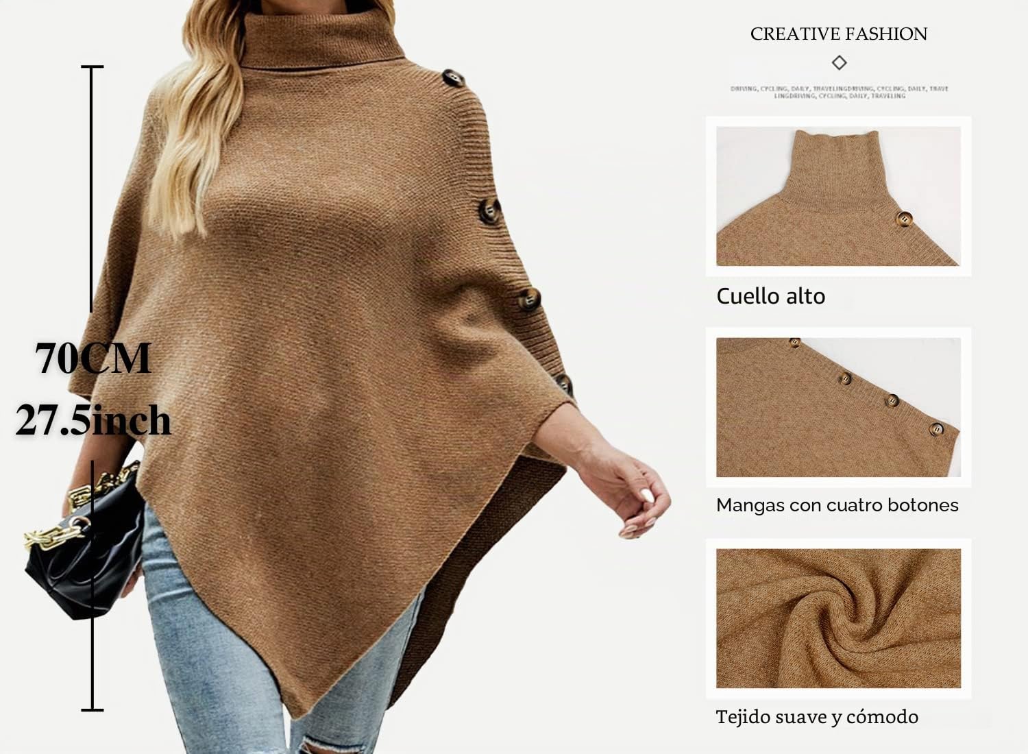 JFAN Poncho para Mujer Elegante Capa de Cuello Alto Jersey de Punto con Cuatro Botones Otoño/Invierno