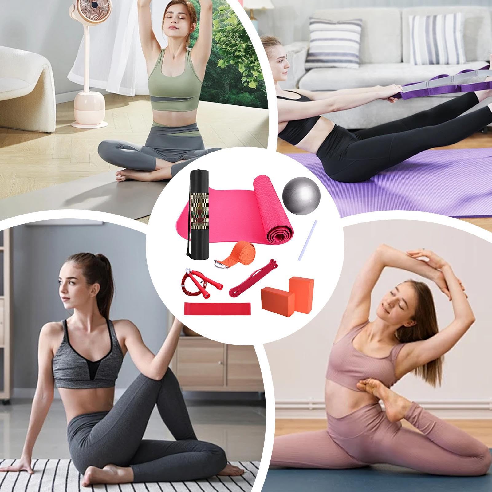 Yoga-Set | 10-teiliges Heimfitness-Set mit 7 mm dicker Matte und Ball, Widerstandsbändern, Dehngurt und Tragetasche | Komplette tragbare Trainingsausrüstung