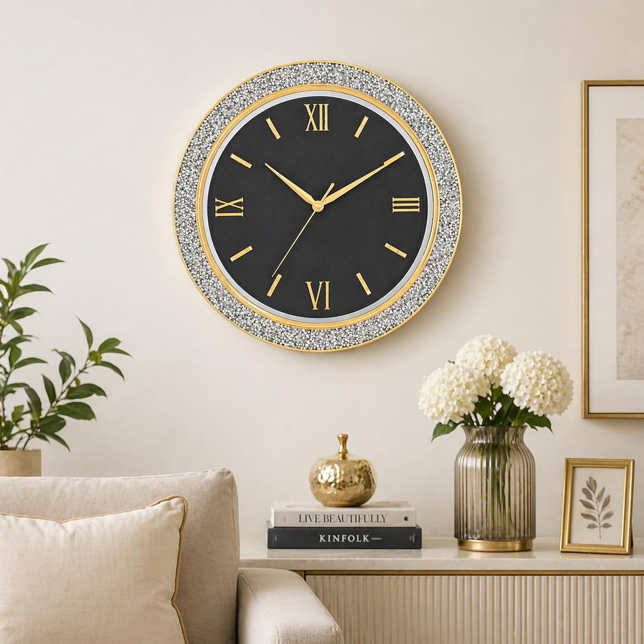 Amazon Brand - Umi Luxury Crystal Wall Clock 38 cm Premium Gold Finish Plastic 3D Roman Numbers Silent Sweep Movement Decorative Modern Wall Clock for Hall Living Room Bedroom & Office UC-2975(Black)-image-29