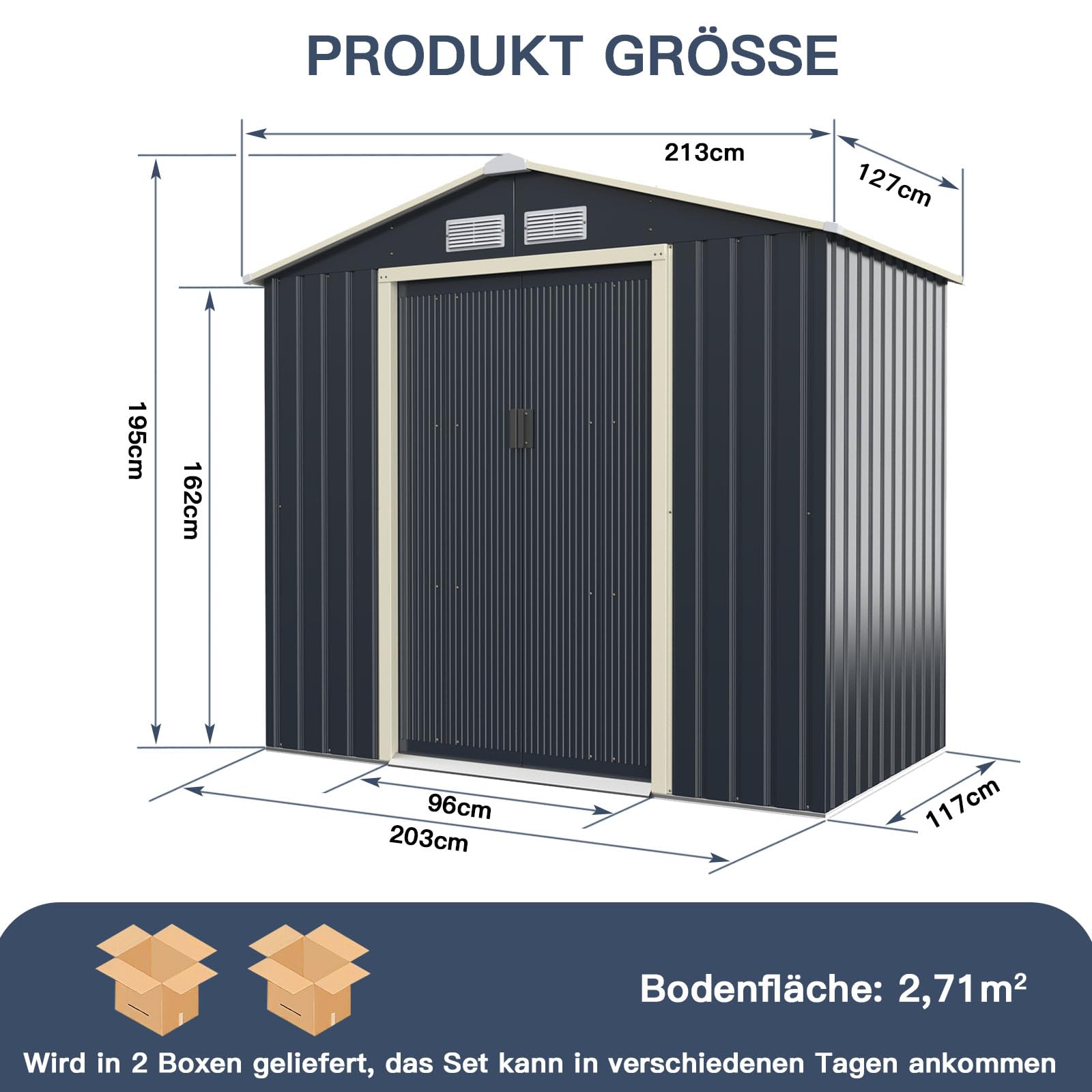 GOPLUS Metall Gerätehaus, 2,37 m²/4,63 m³ Gerätehaus, Geräteschuppen mit Schiebetür, Satteldach, Lüftungsfenster, verzinktes wetterfestes Gartenhaus für Garten Terrasse Balkon (213 x 127 x 195cm)