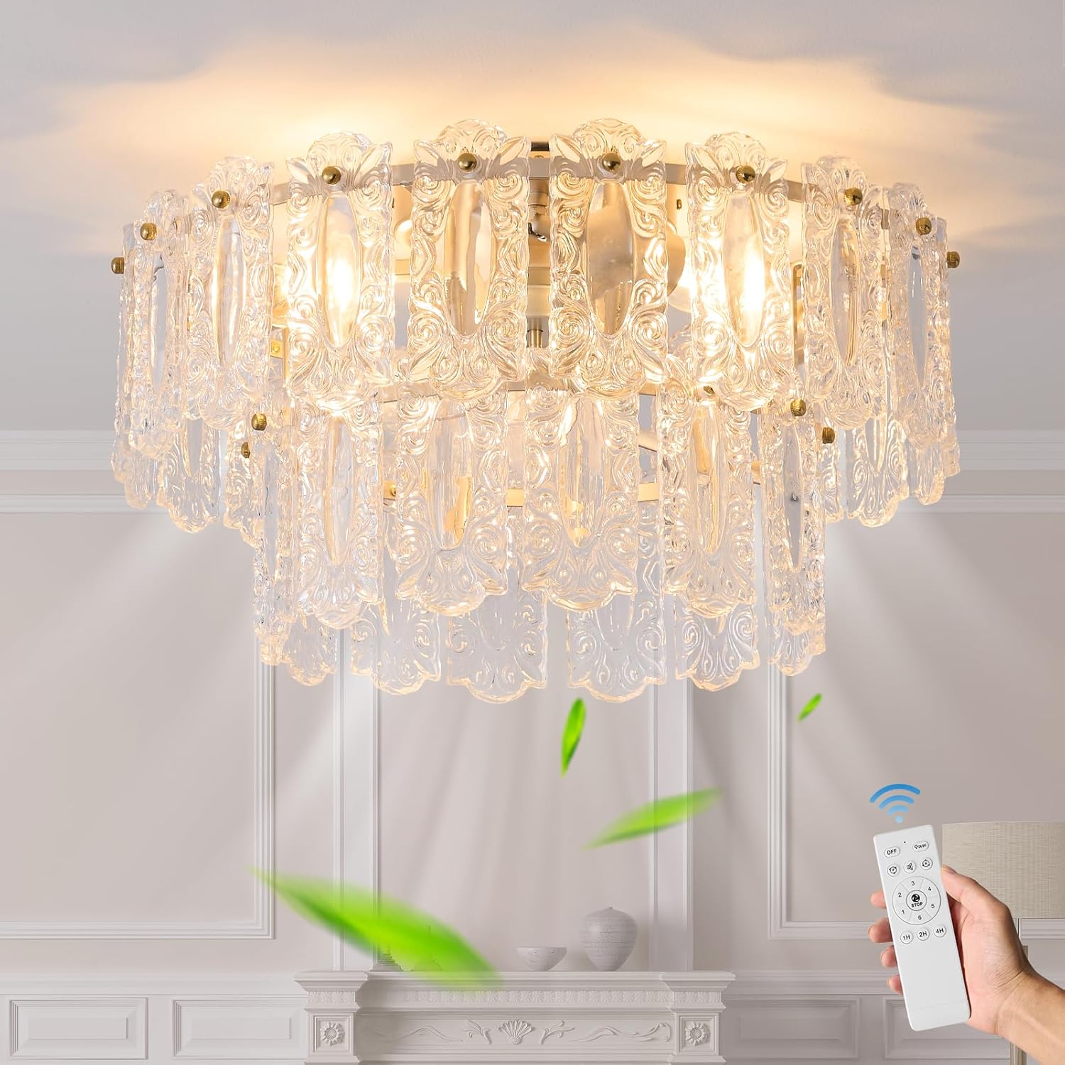 Crystal Caged Ceiling Fan with Light Flush Mount, 20inch Crystals Ceiling Fan with Light and Remote,Gold Crystal Fandelier Ceilings Fans with Lights for Bedroom,Nursery, Foyer 20inch Gold Crystal Caged Ceiling Fan with Light