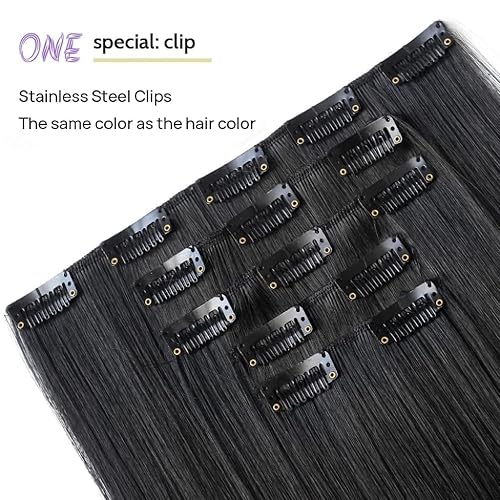 Miniatura 5 de Extensiones de cabello negro con pinzas, extensiones de cabello lacio de 22 pulgadas de largo, sintético y grueso, rubio con clips, para mujeres, 5