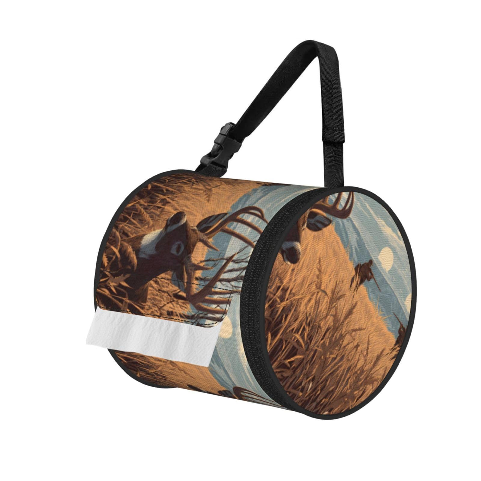 Deer Hunting Printed Cylindrical Tissue Bag Portable Oxford Cloth, Foldable Travel Tissue Holder With Zipper And Adjustable Belt