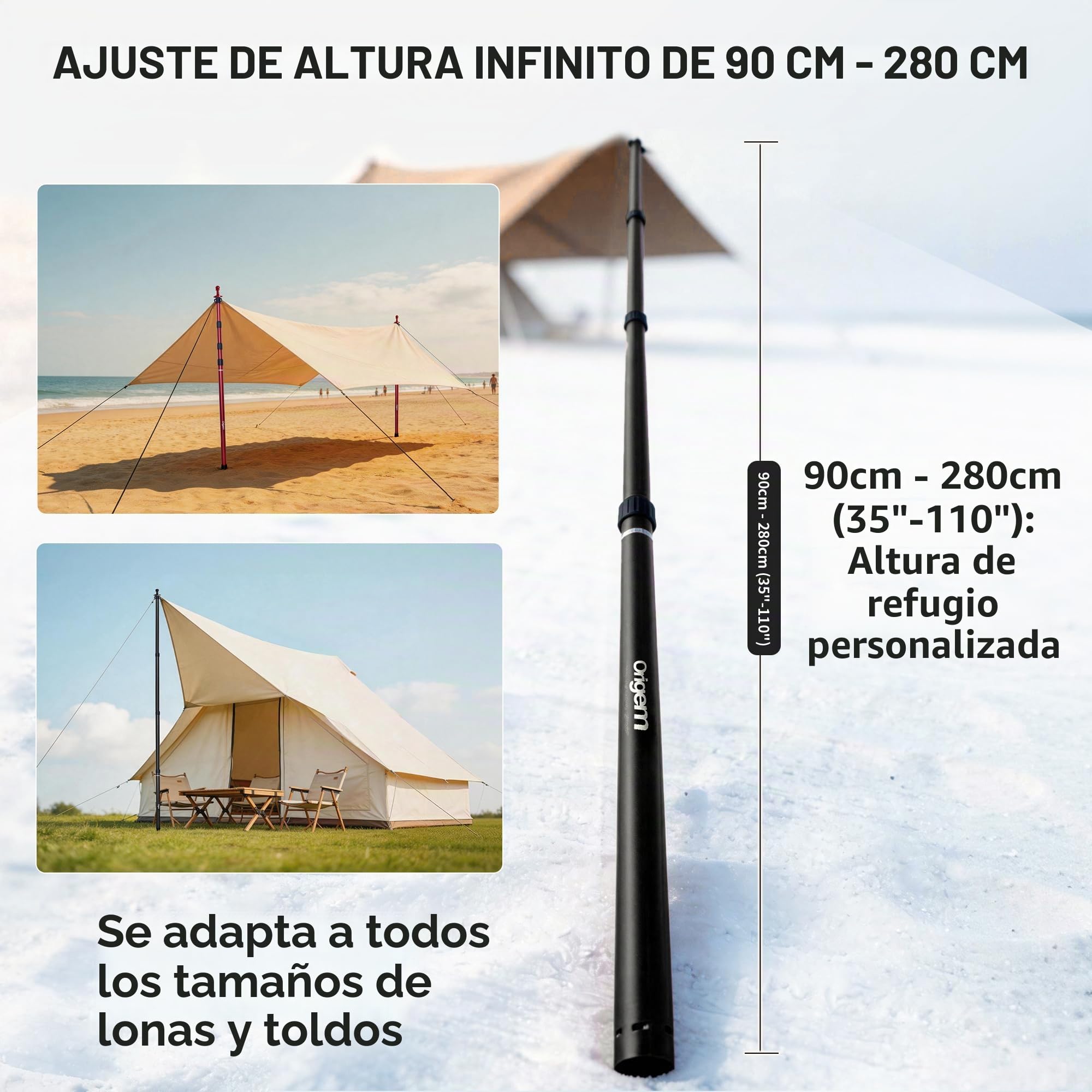 Origem Poste toldo Camping Vela telescópicos Resistentes,Altura de 90 a 280 cm, Postes de Aluminio para toldos y parasoles tarp, Alta Estabilidad,Postes Ligeros para Lonas, Juego de 2