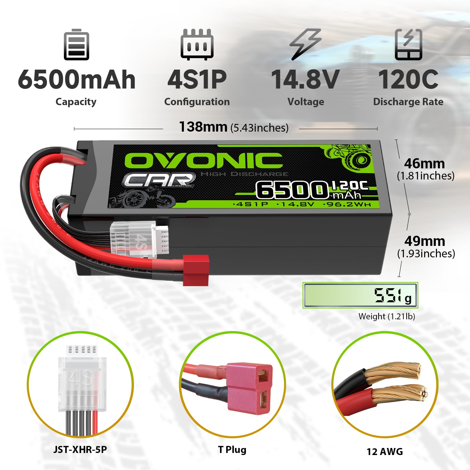 OVONIC 4s Lipo akumulator 14,8 V 120C 6500 mAh z wtyczką Deans T do samochodów RC, ciężarówek, truggy, quadcopterów, helikopterów, ciężarówek, łodzi, samolotów (2 szt.)