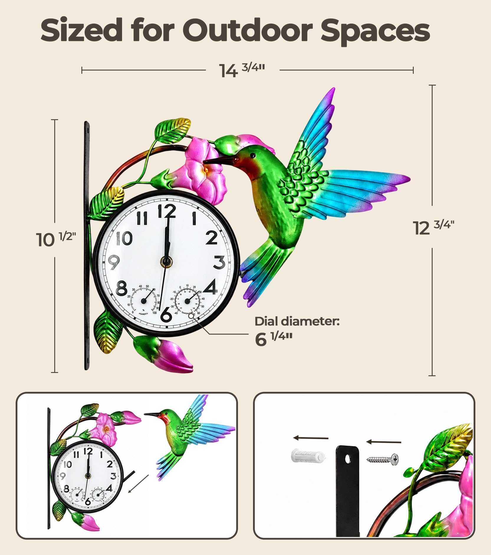 Orologio da esterno con termometro e igrometro Combo | Orologio da parete silenzioso senza ticchettio per patio, impermeabile, decorativo per soggiorno, gloria mattutina e colibrì