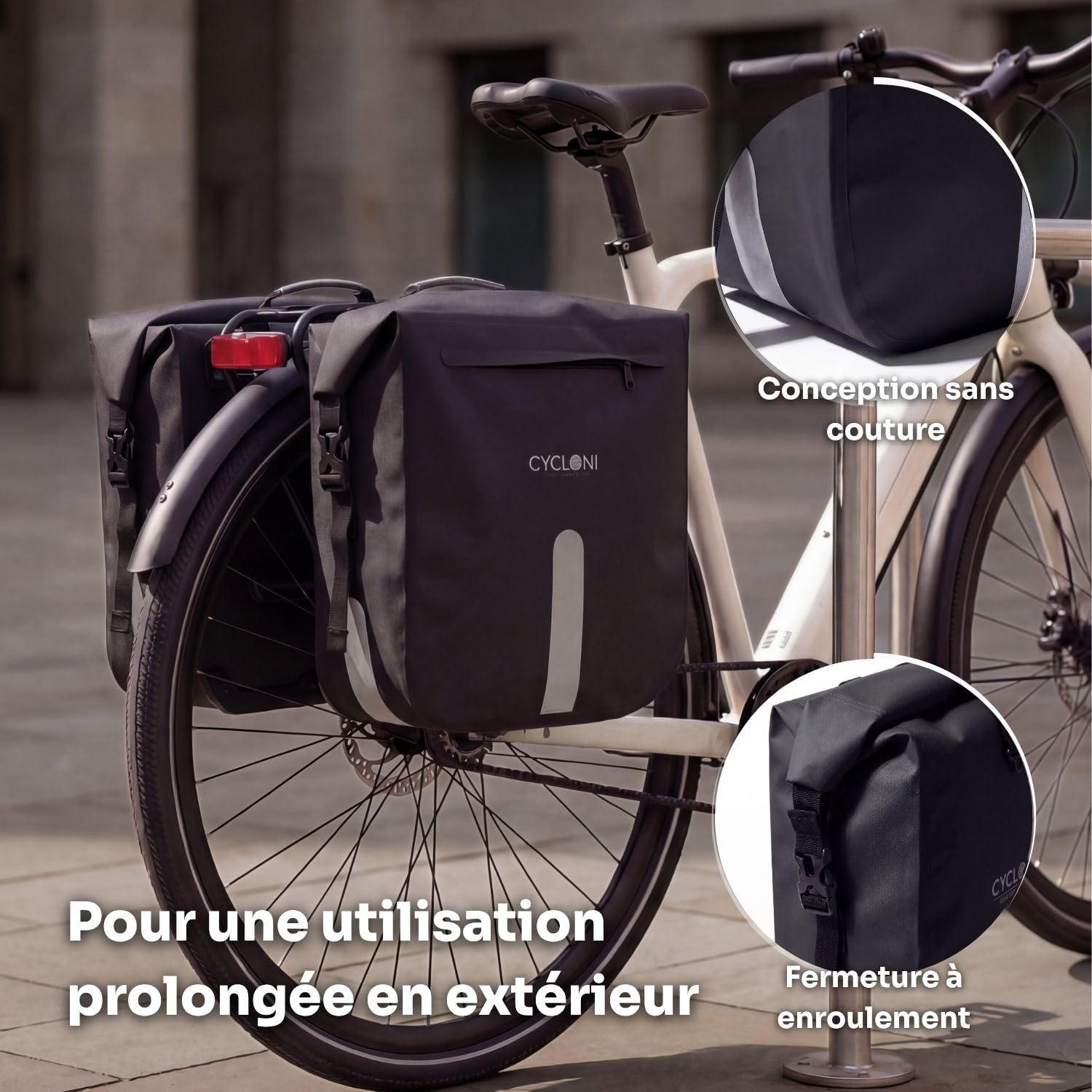 Flow Double Sacoche Vélo 48L - Noir | Porte-bagage arrière étanche | 2x24L imperméable rolltop pour vélo électrique