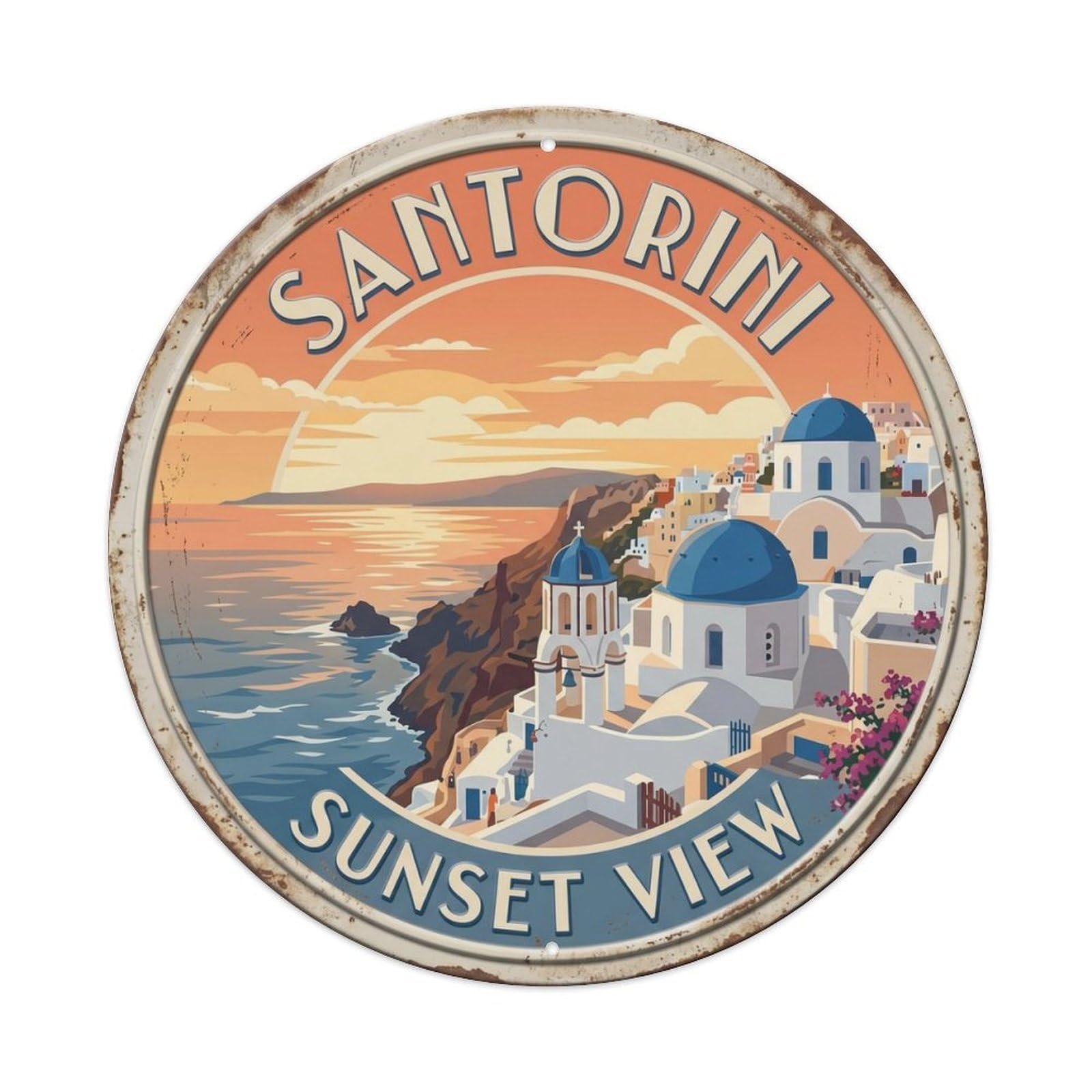 Santorini Sunset View Greece Island Metal Tin Sign Plaque Wall Decor for Cafe, Club Bar, Office, Home Garden Round Metal Poster 8x8Inch