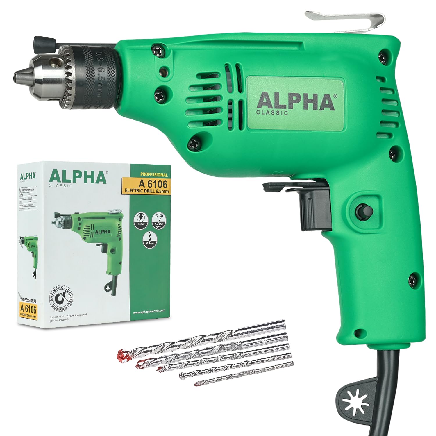 Alpha Corded Electric Drill Machine, 350W, 6.5mm Chuck, 4500 Rpm, Variable Speed, Forward/Reverse Rotation, With Lock-On & 5 Drill Bits, For Home & DIY Use for Metal & Wood, Wall | A-6106 | Green (B0D9RZF7FV) Amazon Price History, Amazon Price Tracker