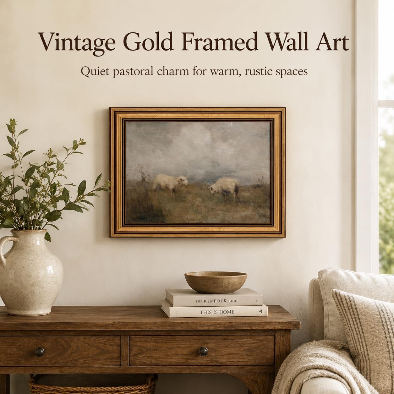 Vintage Gold Framed Wall Art for Living Room Sheep Canvas Prints Farm Meadow Sheep Oil Painting Picture Pastoral Landscape Wall Decor for Living Room Bedroom Bathroom 12x16in image 2