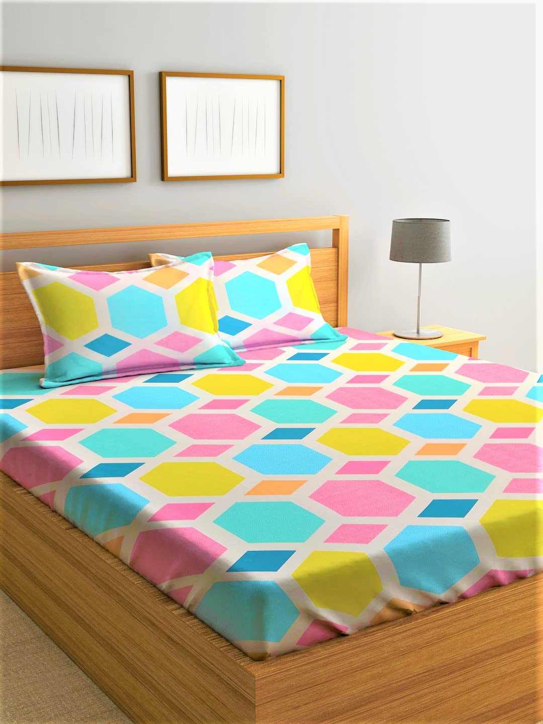 Home Sizzler 210TC Microfibre Beige Satin Striped Double Bedsheet with 2 King Size Pillow Covers, 90"X92"