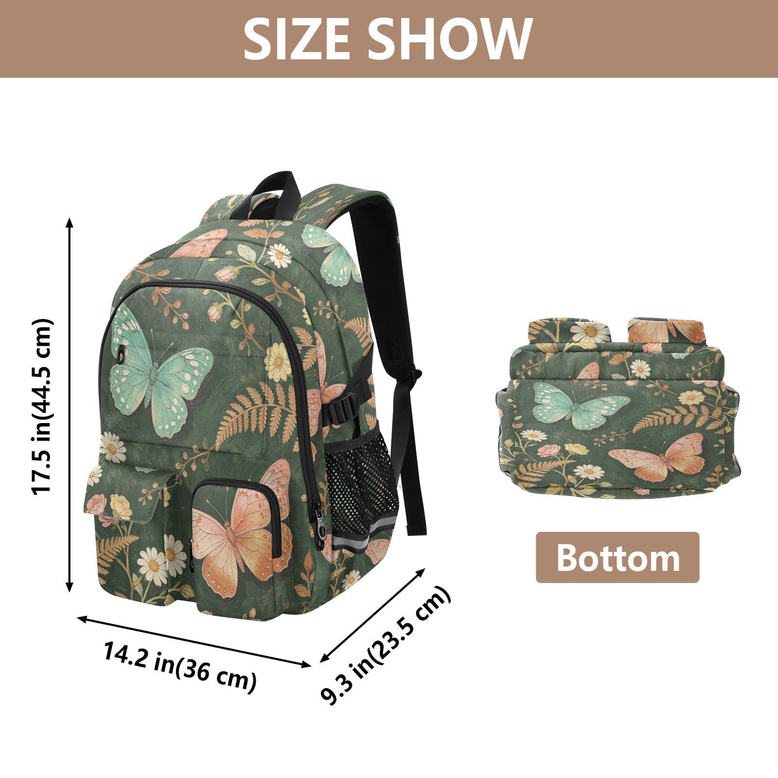 Countryside Butterfly Rucksack mit mehreren Taschen für Schule, Reisen, Outdoor, Uni, 17,5 Zoll Laptop-Rucksack für Damen und Herren