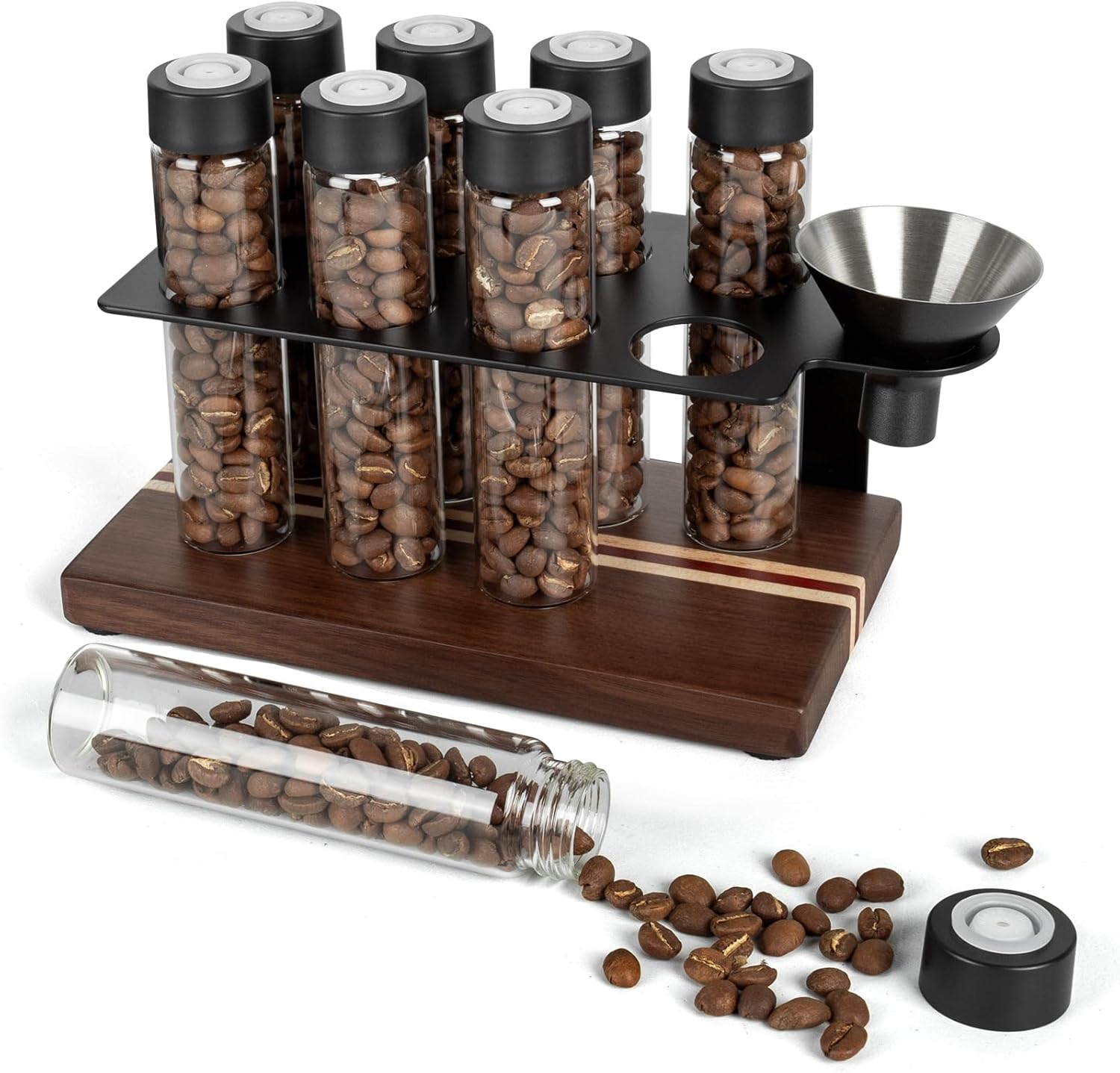 Single Dose Coffee Bean Storage 8 Tubes with Walnut Solid Wood Base Holder，coffee storage Container Display Stand and Funnel