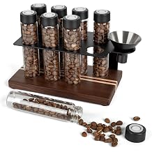Walnut Solid Wood Base Coffee Canisters 8 Tubes Coffee Bean Storage Wooden for Single Portions Coffee Bean Container Glass Bottles with Lids Container Display Stand and Funnel