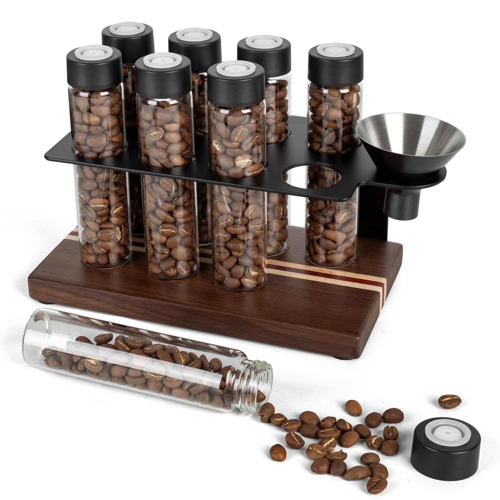 Walnuss Massivholzsockel Kaffeedosen 8 Röhren Kaffeebohnen | Aufbewahrung aus Holz für einzelne Portionen,Kaffeebohnen Behälter,Glasfläschchen mit Deckeln, Behälter-Displayständer