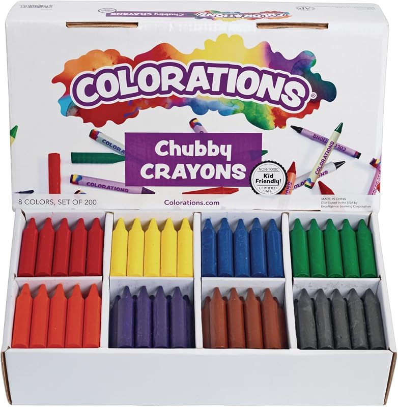 Colorations Chubby Crayons for Kids, 200 Count, 8 Colors | Short, Thick Easy-Grip Crayons, 2.68" L x 0.56" Dia Each, Bulk Classroom Pack for Toddlers, Washable, Non-Toxic, Jumbo