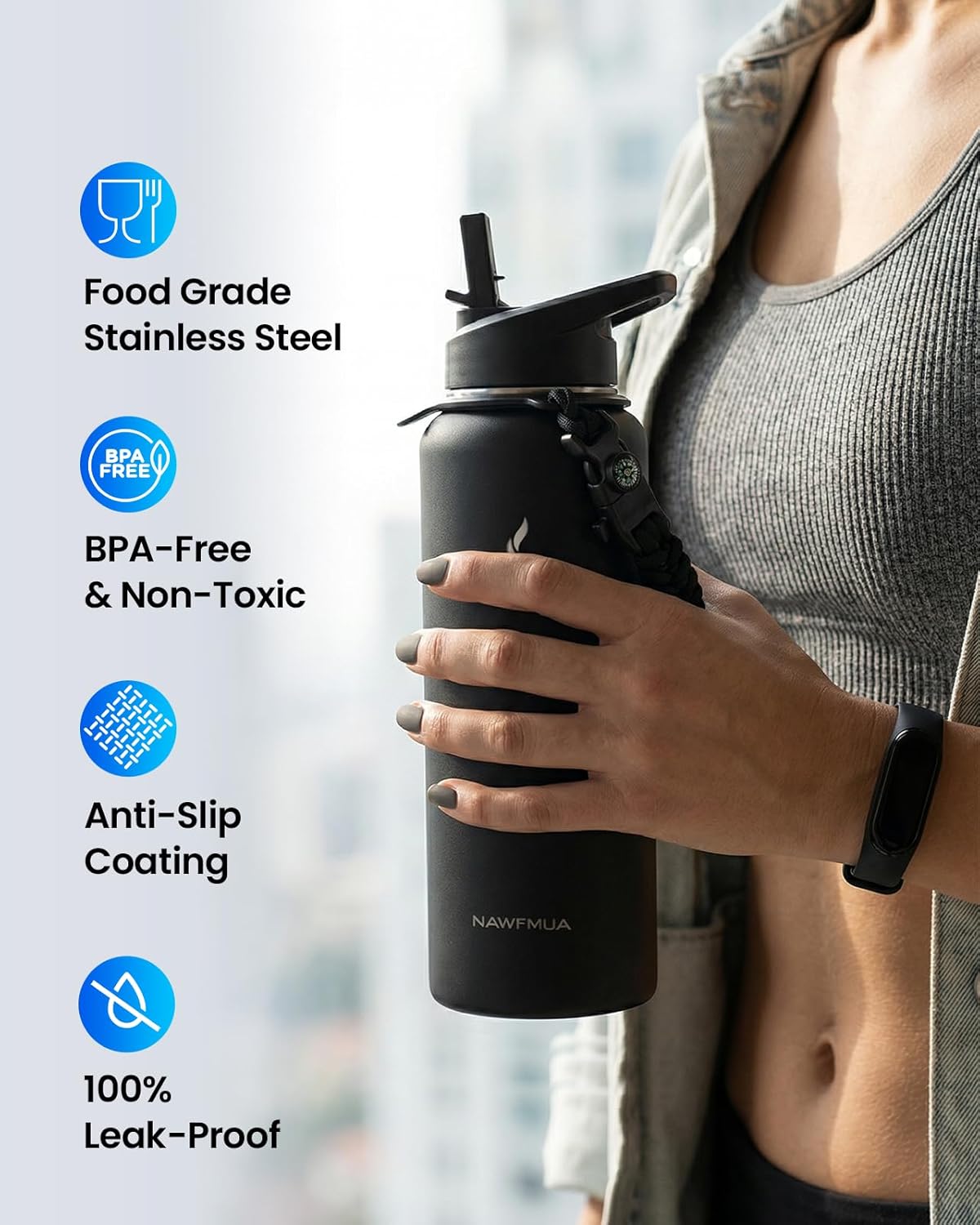 40 oz Insulated Water Bottle with Straw, Triple Wall Vacuum Stainless Steel Water Flask with 2 lids, Lead-Free BPA-Free Metal Water Bottles, Keep Cold 48H Hot 24H, Black