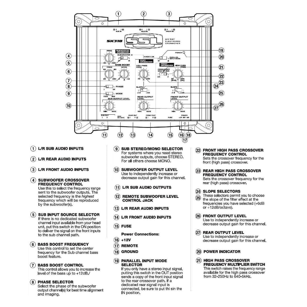Kit Set para SOUNDSTORM SSL SX310 1 Crossover electrónico de 2/3 vías, Ecualizador, 3 Salidas Delanteras/traseras/subwoofer con Control Remoto de subwoofer Incluido, 1 Pieza