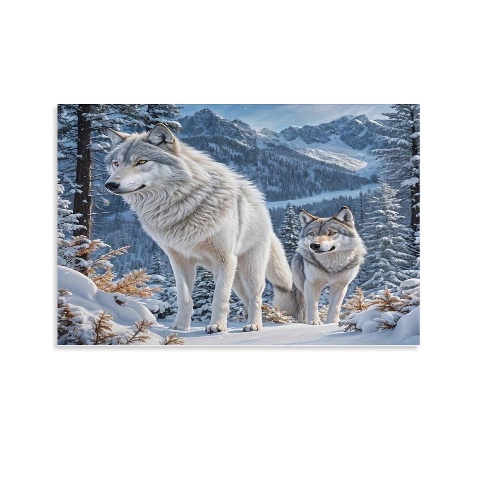 CPLVKWRQJ Snowy Wolf Pair Single Two Grey Wolves Snowy Pine Mountain Woods Canvas Artwork - Nursery Canvas Wall Hanging Space Saving Ready to Hang Decor 08x12inch(20x30cm)