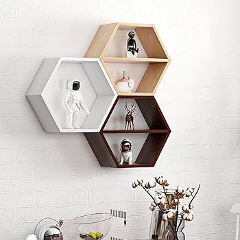 Amazon｜3つの木製六角形フローティングウォールシェルフの