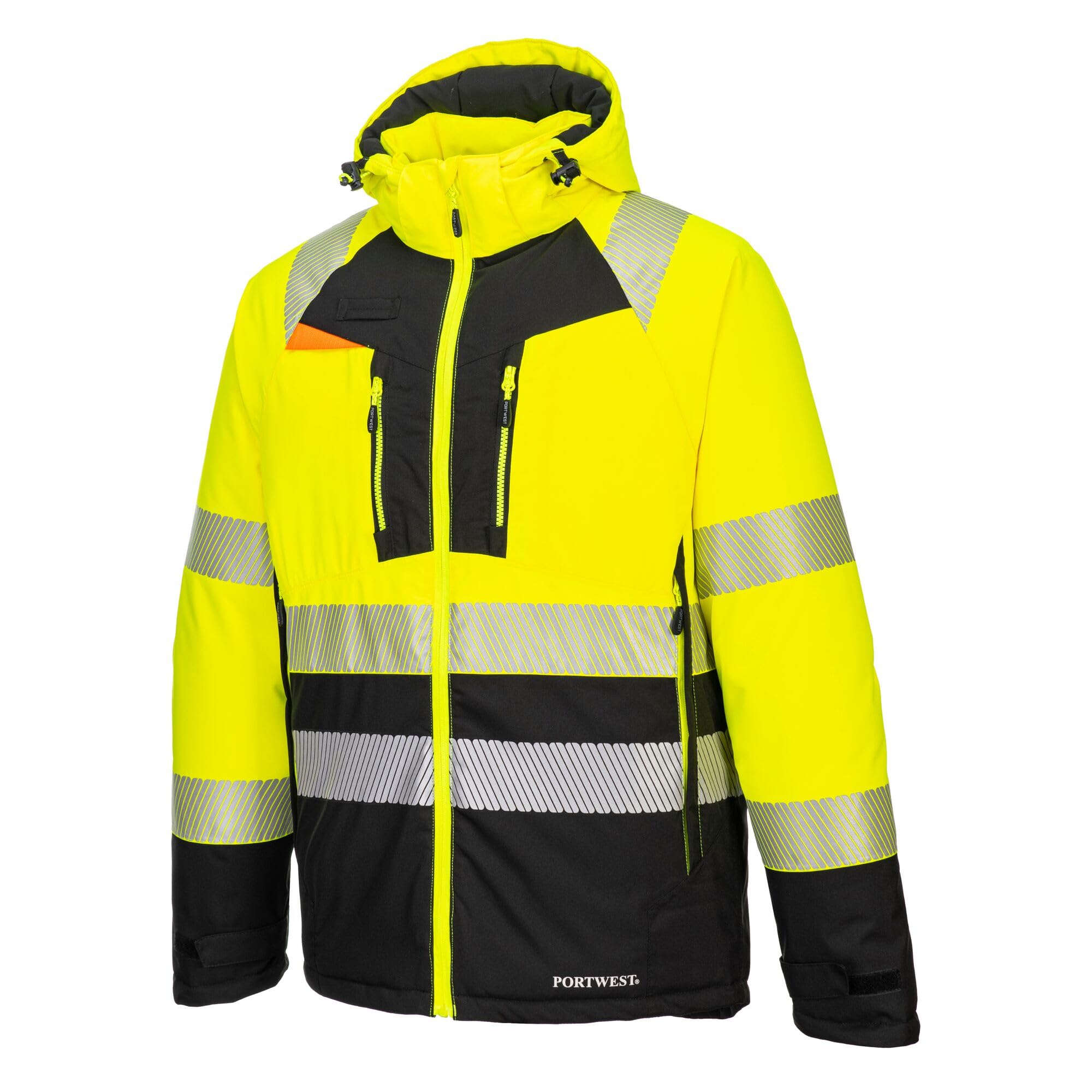 Portwest DX430 - Chaqueta de invierno para hombre, aislante, impermeable, de alta visibilidad, con capucha, reflectante, totalmente forrada, con cremallera, de seguridad, reflectante, color