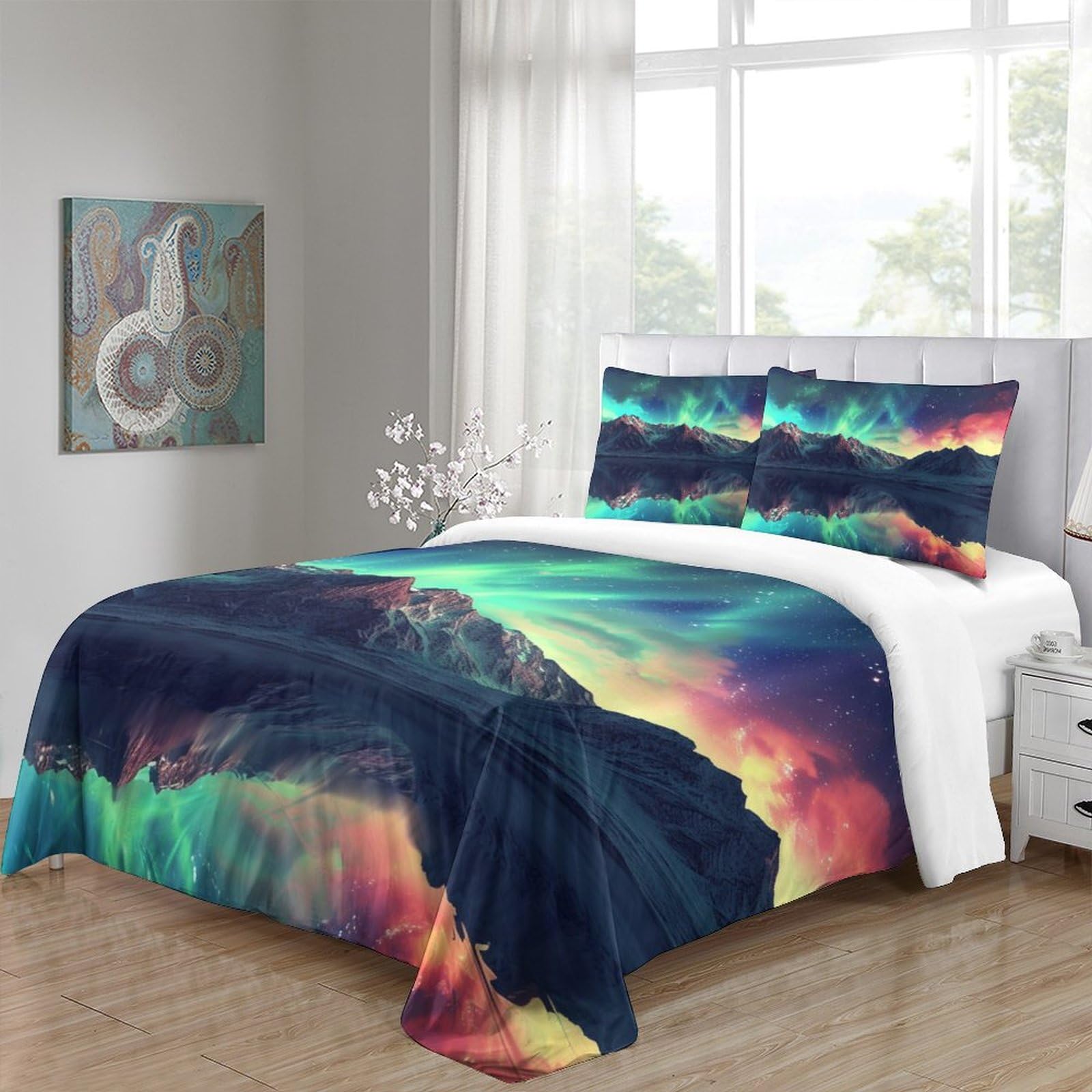 Stampato in 3D Aurora norvegese Copertina Stampata Microfibra Disegnata Biancheria Da Letto Stile Morbido Set 3 Pezzi,Double（200x200cm）, Per Adolescenti E Adulti