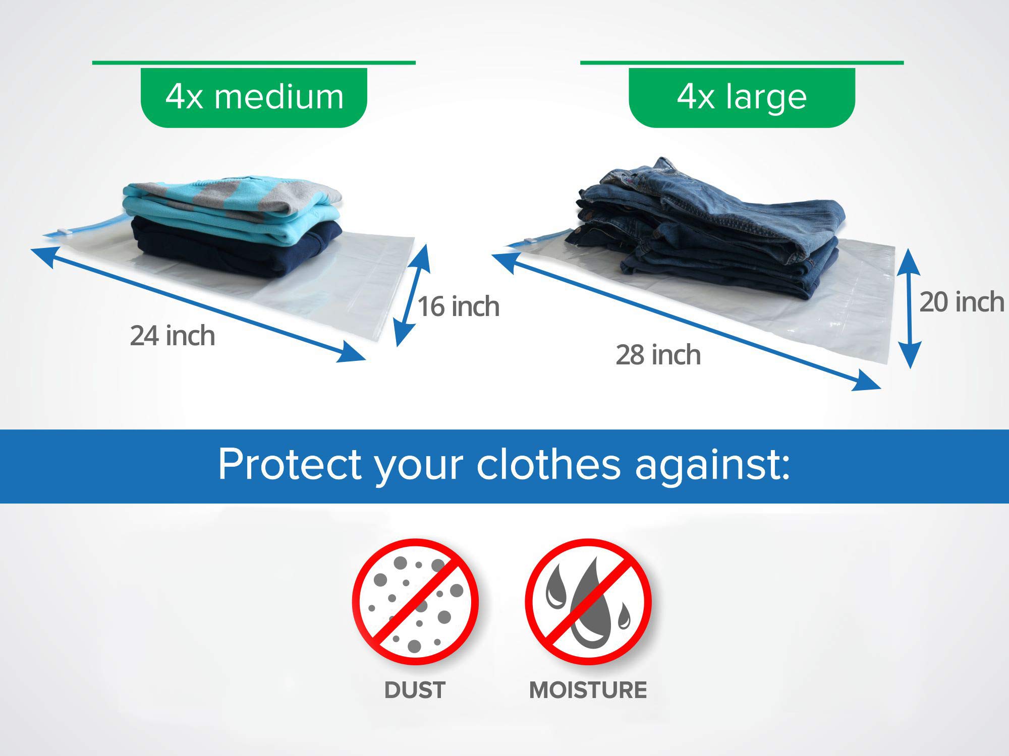 8 Travel Space Saver Bags. Pack of 8 Bags with Sizes Medium to Large