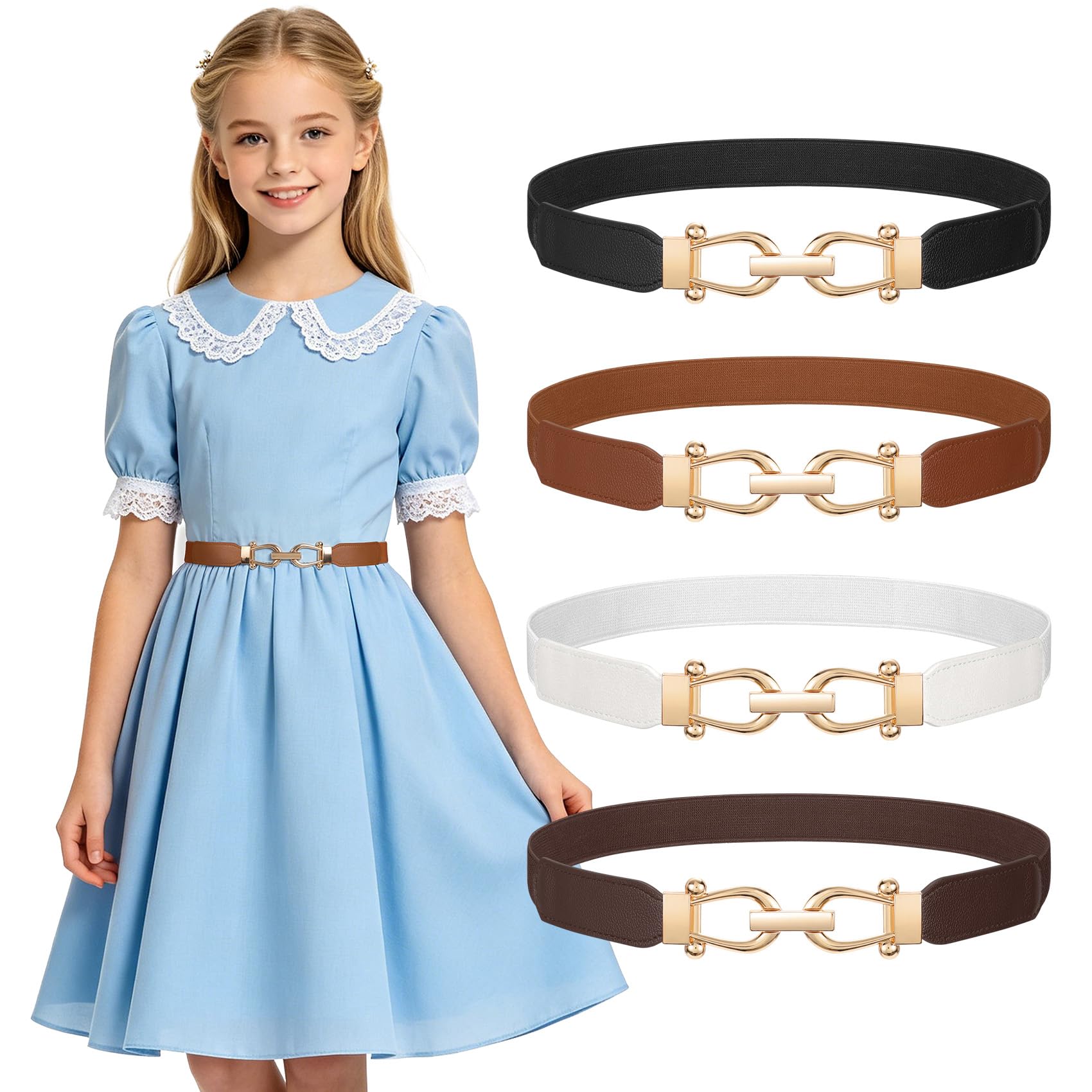 JASGOOD 4 Pack Elastic Kids Belts for Girls Stretchy Thin Toddler Waist Belts for Dresses Jeans School Uniform Casual