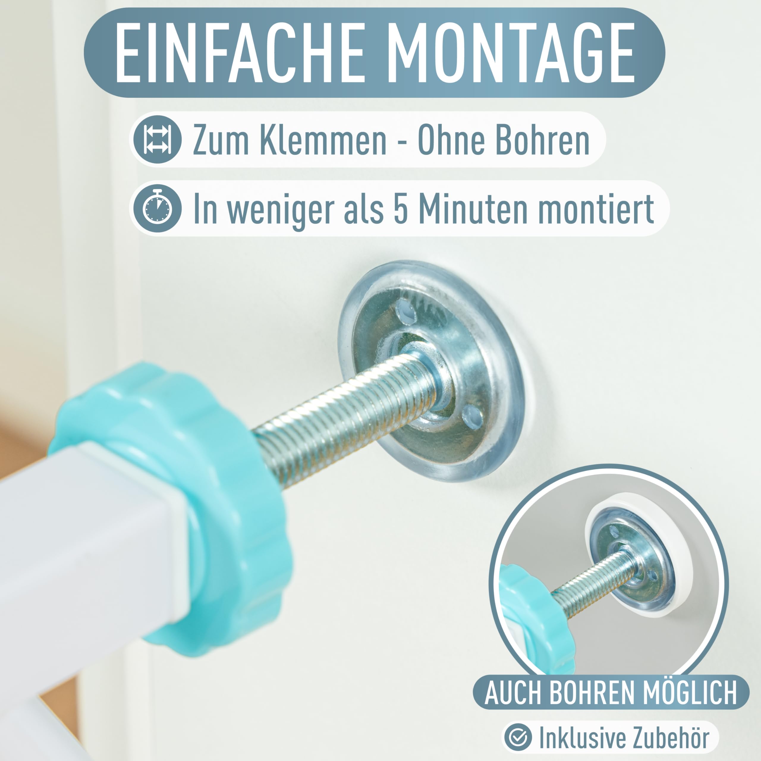 IB STYLE Berrin Türschutzgitter 67-75 cm, Treppenschutzgitter ohne Bohren, Baby Sicherheitsgitter, Weiß Türkis