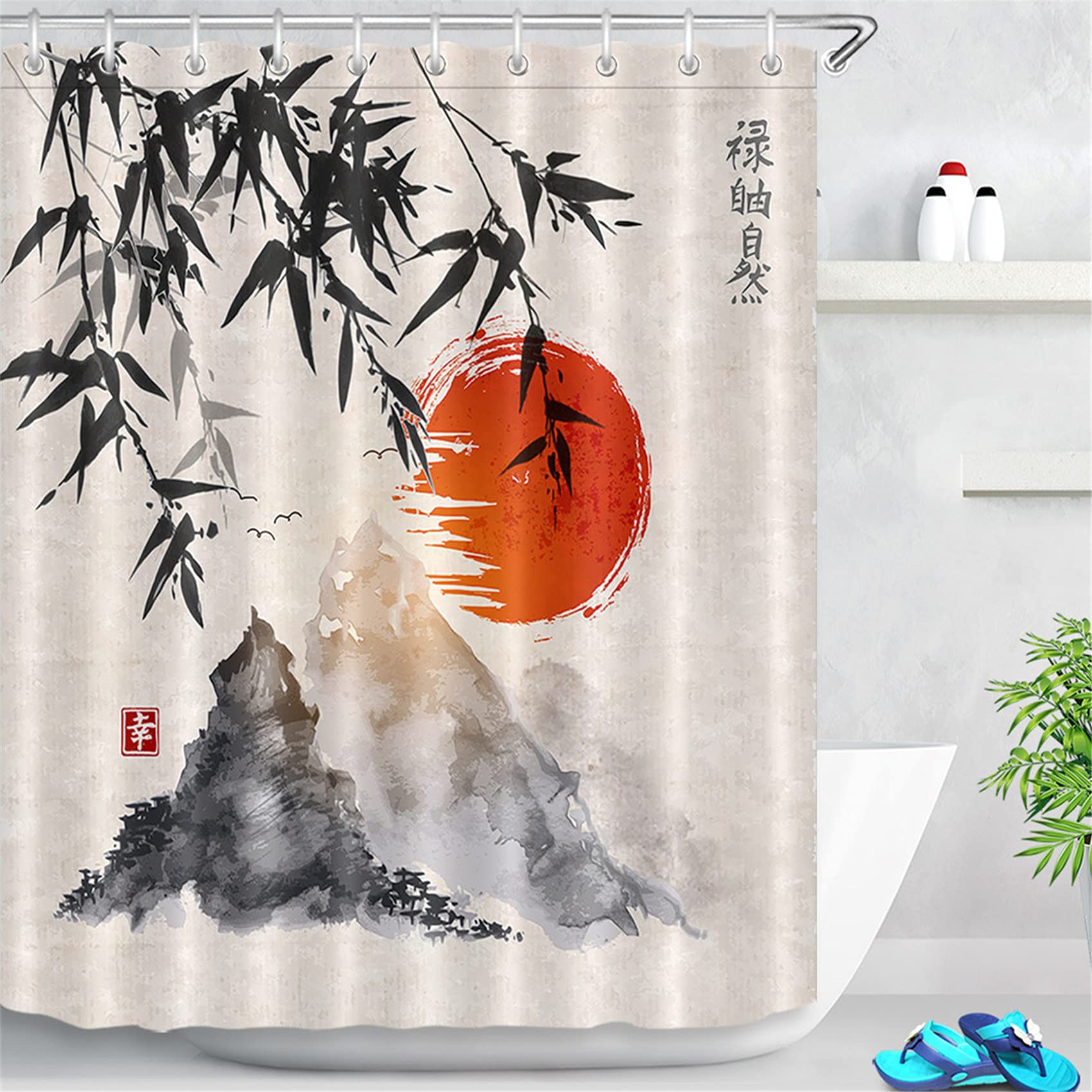 LB Sumi-e Japanese Shower Curtain 47x69 inch Bamboo Mountain Red Sun Bathroom Curtain with Hooks,Waterproof Anti Mould Polyester Fabric โ image 1