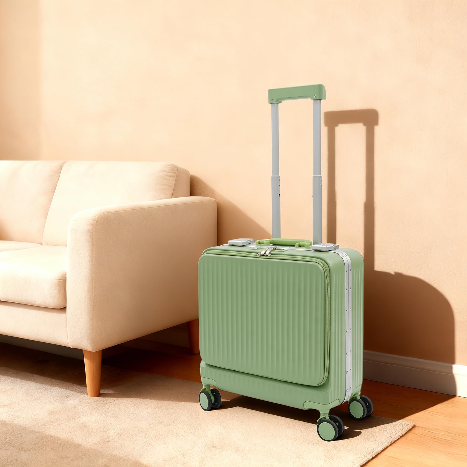 Valigia rigida da 45,7 cm con apertura frontale e porta USB, verde chiaro, Vintage | Valigia da viaggio in ABS e policarbonato, per viaggi brevi, trolley con 4 ruote, lucchetto a combinazione, portabicchieri