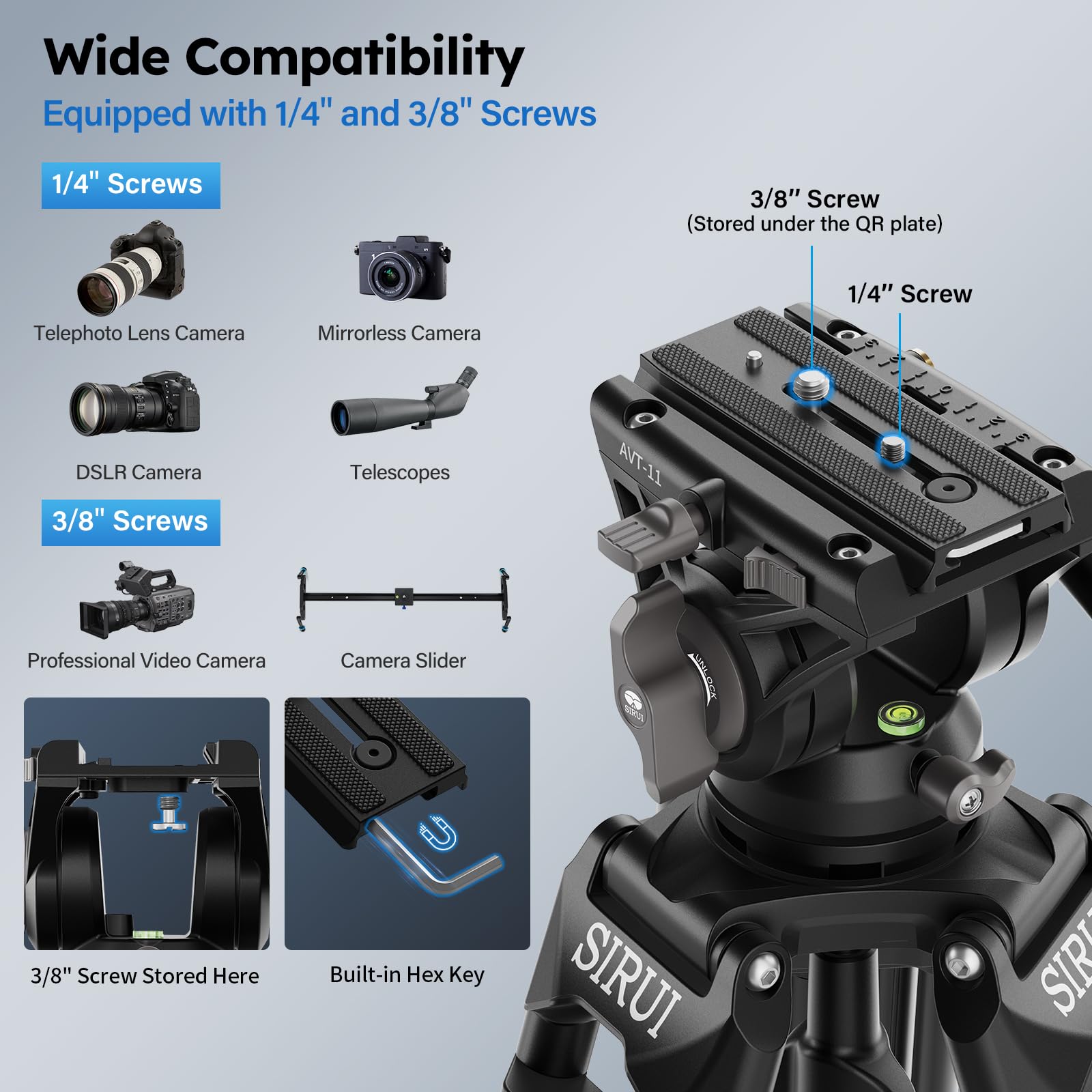 SIRUI 73"/185cm Treppiede con Piastra a Sgancio Rapido a Scatto per Manfrotto, AVT-11 Treppiede Video con Testa Fluida a 360°, Treppiedes Impieghi Gravosi per Videocamera DSLR, Carico Fino a 10kg/22lb