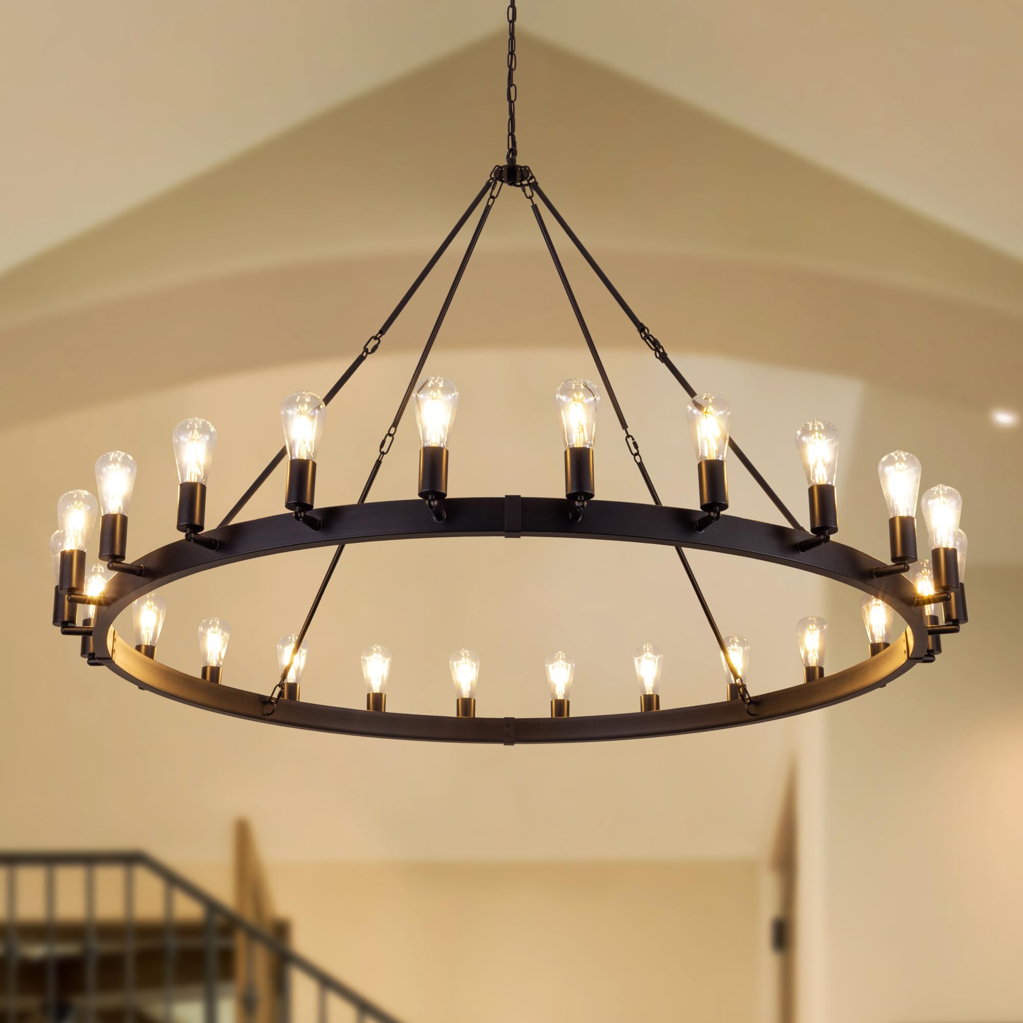 Photo 1 of  TOCHIC 60 Inch Large Black Chandelier, Modern Farmhouse Wagon Wheel Chandeliers 22-Light Industrial Round Chandelier Light Fixture for High Ceiling Dining Living Room Bedroom, Hallway, Entryway, Foyer