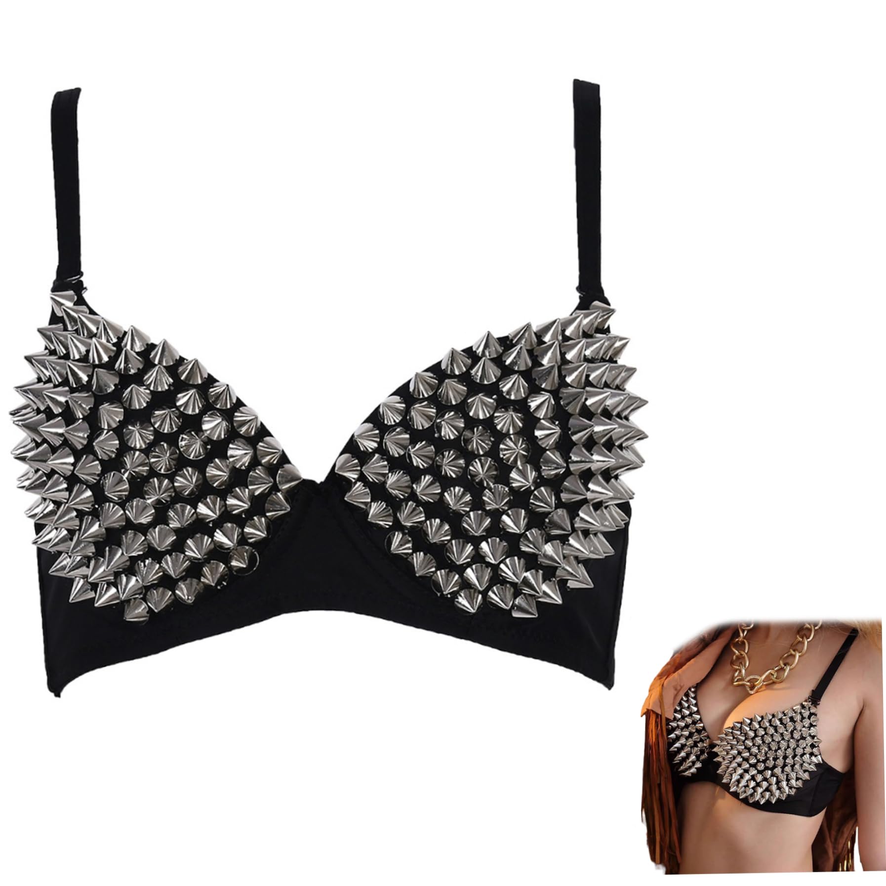 NIDONE Soutien-Gorge Clouted Punk Danse Performance Argentée Rivets