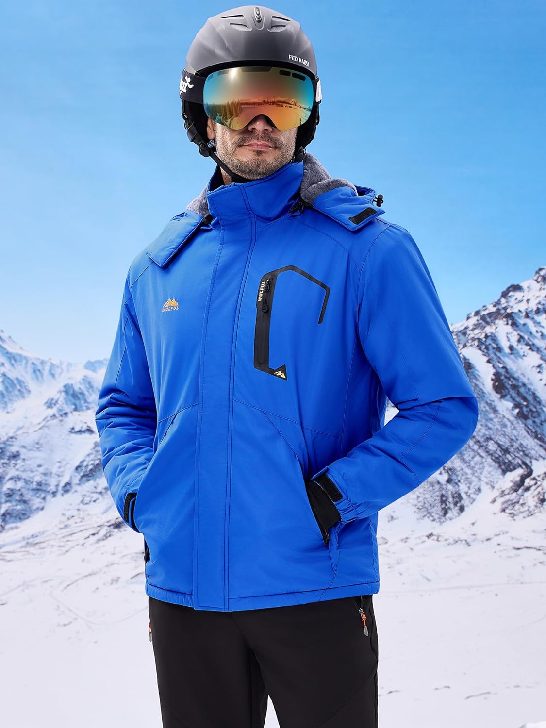 WULFUL Men's Ski Jackets Warm Winter Snow Windbreaker Resistant Snowboard Fleece Coat Mountain Waterproof Parka with Hood - Image 2