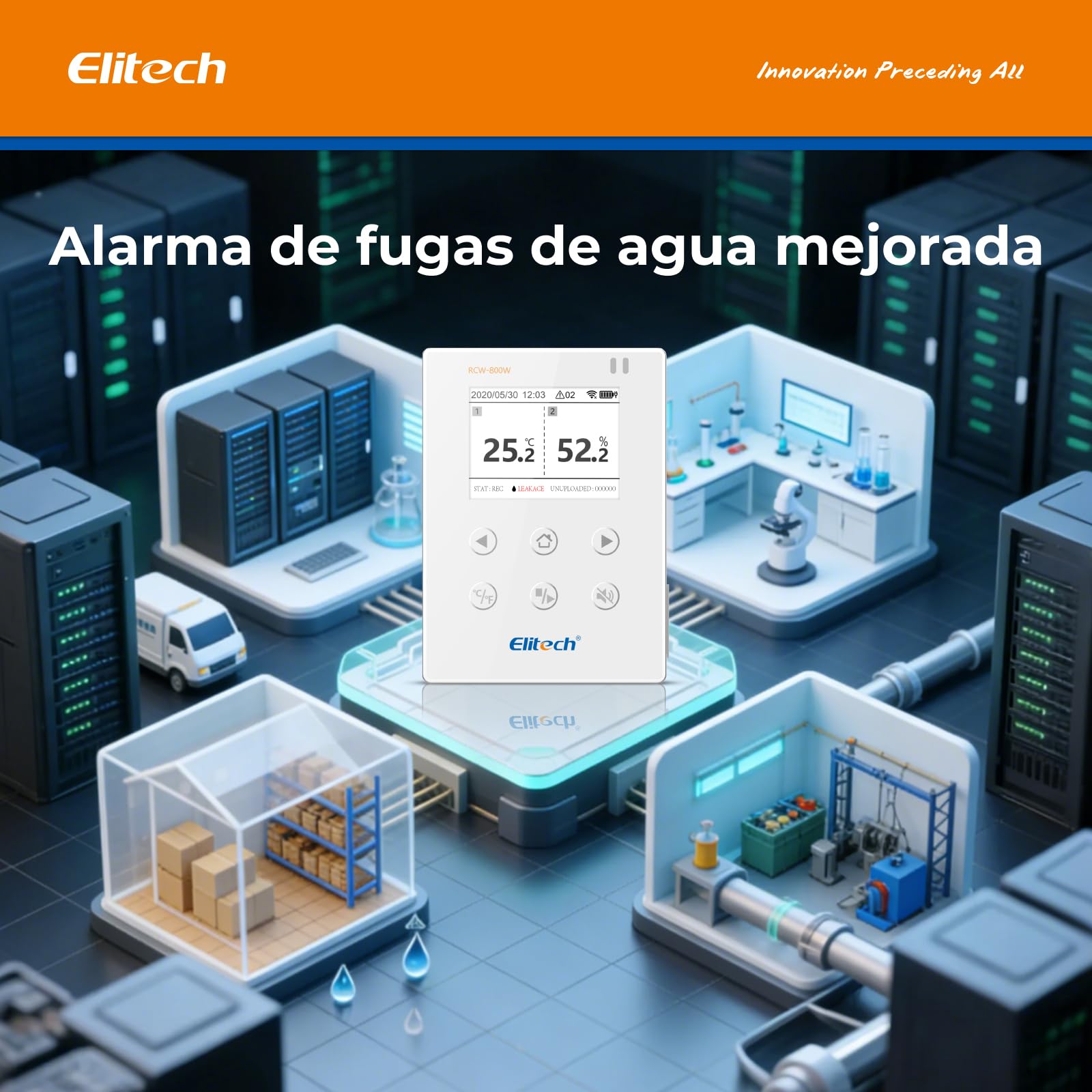 Elitech Registrador de datos WiFi en tiempo real de 2,4 G/5 G Hz para temperatura y humedad con detector de fugas de agua, almacenamiento de datos en la nube, alarmas SMS/correo electrónico/aplicación