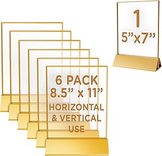 Gold Acrylic Sign Holder 8.5 x 11, Gold Frame, Acrylic Paper Holder Stand, Acrylic Display Stands, Double Sided Vertical or Horizontal Menu Holders for Restaurant, Clear Paper Stand Display, Flyer Holder 8.5 x 11, Clear Acrylic Picture Frame, (6 Pack+1)
